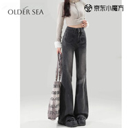 OLDER SEA黑灰色微喇叭牛仔褲女裝2025秋季新款百搭高腰顯瘦寬松闊腿褲子女 黑灰色 S 建議85-95斤