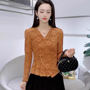 秋殼新款時(shí)尚長袖T恤氣質(zhì)減齡蕾絲小衫百搭洋氣打底上衣秋季女裝 橘色 XL 建議85-100斤