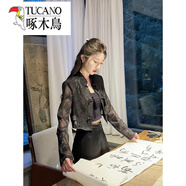 啄木鳥(niǎo)（TUCANO）新中式國風(fēng)盤(pán)扣上衣外搭薄開(kāi)衫春夏重工刺繡時(shí)尚防曬衣透氣短外套 黑色上衣 S