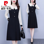 皮爾卡丹（pierre cardin）法式蕾絲連衣裙女春秋新款小個(gè)子大號a字氣質(zhì)中長(cháng)款顯瘦黑色裙子 黑色 3XL 建議135-145斤