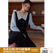 獨(dú)束大碼女裝假兩件撞色襯衫領(lǐng)連衣裙女秋冬微胖mm文藝復(fù)古穿搭裙子 墨染黑【適合165左右】 XL