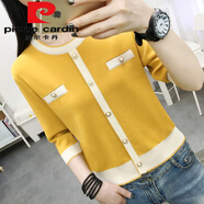 皮爾卡丹（pierre cardin）2025年新款網(wǎng)紅短款針織衫女寬松套頭長(cháng)袖小香風(fēng)名媛上衣 黃色(七/分袖)今年流行的輕奢品牌 M (建議80-95斤)
