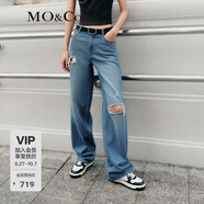 MO&Co.牛仔褲中低腰寬松及地直筒手工破洞毛邊復(fù)古洗水棉質(zhì)摩安珂 牛仔藍(lán)色-第2批 M 27