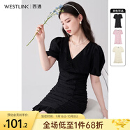 西遇V領泡泡袖連衣裙女2025年早夏新款法式褶皺收腰修身包臀裙子 黑色 M