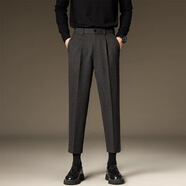 羅蒙（ROMON）秋冬毛呢褲男士寬松休閑褲保暖厚款百搭九分褲呢子西裝長(cháng)褲子 灰色九分 32 【建議135-145斤】