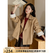 謎秀袖口花邊拼接短款風(fēng)衣外套女2025秋韓系翻領(lǐng)大衣女 卡其色  風(fēng)衣 M