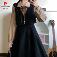 皮爾卡丹加厚毛呢假兩件連衣裙套裝秋冬季新款法式中長(cháng)款遮肉顯瘦長(cháng)袖裙子 黑色假兩件#1871 (磨毛棉) 2XL 建議140-160斤