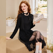 白鹿語(yǔ)名媛千金風(fēng)小黑裙2025秋季新款網(wǎng)紗拼接中長(cháng)款A字裙 黑色 S