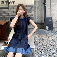 默茉的茉格子木耳邊牛仔連衣裙女夏新款學(xué)院風(fēng)小個(gè)子俏皮 藍色 L