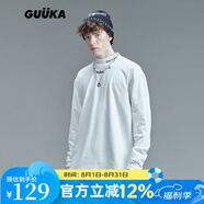 古由卡（GUUKA）潮牌半高領(lǐng)繡花長袖t恤男士秋季新款嘻哈運動打底衫簡約寬松衣服 白色 T7933 S