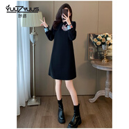 妤遇（YUUZYUUS）品牌女裝連衣裙女2025春秋新款洋氣減齡設計感重工刺繡衛(wèi)衣裙子 黑色 S