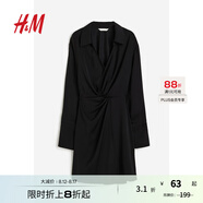 H&M女裝連衣裙秋季復(fù)古翻領(lǐng)氣質(zhì)長袖通勤襯衫式休閑連身裙1187810 黑色 155/80