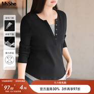 MsShe【長(zhǎng)袖假兩件針織衫】大碼女裝2025秋裝胖mmT恤遮肚巨顯瘦毛衣 短袖【V領(lǐng)】黑色現(xiàn)貨 3XL