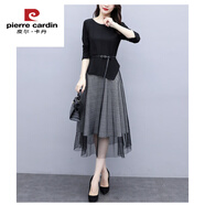 皮爾卡丹（pierre cardin）黑色不規則長(cháng)袖拼接網(wǎng)紗連衣裙兩件套裝女士秋季洋氣輕熟格子裙子 黑色 今年流行的輕奢品牌 L 100斤-115斤