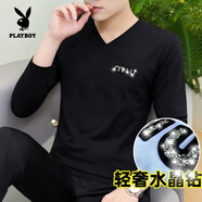 花花公子（PLAYBOY）秋季長(cháng)袖T恤男V領(lǐng)薄款中上衣修身95棉打底衫內搭體恤潮流秋裝 官方旗艦黑色水晶鉆miu長(cháng)袖 M (100-118)