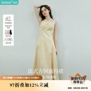茵曼（INMAN）法式收腰顯瘦方領(lǐng)吊帶連衣裙女裝2025夏季新品長裙子 淺黃色 XL
