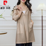皮爾卡丹（pierre cardin）中老年秋季薄款連帽開衫女韓版大碼針織衫薄款遮肚中長款氣質外套 卡其色 M