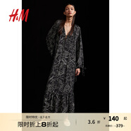 H&M女裝連衣裙秋季V領(lǐng)寬松法式休閑抽繩設(shè)計(jì)植物印花長(zhǎng)裙1225331 黑色/花卉 155/80 XS