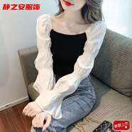 瑪菲萱秋季新款甜美韓版拼接雪紡衫泡泡袖短款修身打底衫針織衫上衣 黑色 S 80-95斤