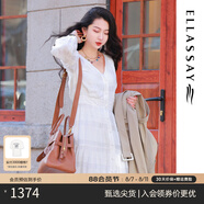 歌力思（ELLASSAY）博主同款春秋新款法式V領(lǐng)氣質(zhì)留洋千金高腰顯瘦長(cháng)款小白裙女 白色織提花繡花 S