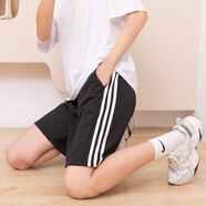 高品質(zhì)新款休閑五分褲女夏季高腰顯瘦側(cè)條紋運動短褲直筒闊腿褲 黑色22 S 碼【建議80-100斤】
