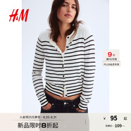 H&M女裝毛針織衫秋季薄款時尚法式慵懶短款打底衫m(xù)iu系開衫0579541 白色/條紋 S 160/88