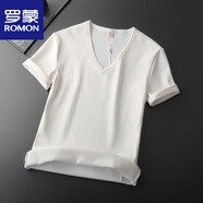 羅蒙（ROMON）加絨加厚修身圓領(lǐng)短袖男T恤冬季保暖內搭純色半袖打底衫體恤上衣I V.領(lǐng)白色 M