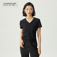 哥弟（GIRDEAR）女裝百搭V領(lǐng)側(cè)邊收褶設(shè)計莫代爾短袖T恤女1300888 經(jīng)典黑 L (4碼)
