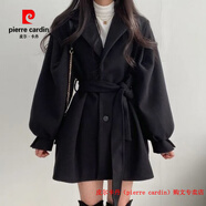 皮爾卡丹（pierre cardin）品牌高檔輕奢秋冬裝小個(gè)子赫本風(fēng)杏色毛呢外套女潮風(fēng)衣中長(cháng)款妮子 品牌高端新品-黑色 2XL