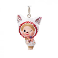 萌趣趣（Monchhichi）曾稱(chēng)蒙奇奇專(zhuān)柜水晶公仔項鏈手鏈吊墜大頭掛件鑰匙鏈 白貓