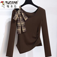 啄木鳥(niǎo)（TUCANO）格紋連衣裙套裝女秋季女裝斜肩系帶長(cháng)袖雪紡上衣半身裙潮早秋新款 單件上衣 M 建議體重95-115斤