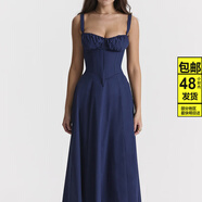 ZOCI后媽包臀裾2025春季新款歐美女裝印花法式碎花露背修身吊帶開(kāi)叉連 純藍色 2XL