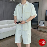 夏季冰絲套裝男七分袖襯衫寬松潮流帥氣薄款工裝短褲男裝搭配一套 白色 L