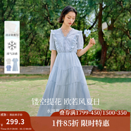 茵曼（INMAN）萊賽爾鏤空蕾絲V領(lǐng)連衣裙2025夏季女裝新品木耳邊短袖裙子 迷霧藍(lán) S