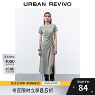 UR2025春季新款女裝簡約褶皺開衩修身短袖連衣裙UWM750014 淺灰花灰 S