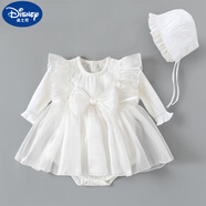 迪士尼（Disney）女童連衣裙嬰兒包屁連身裙春秋大蝴蝶結公主裙周歲女寶寶衣服哈裙 珍珠白送帽子 59 cm