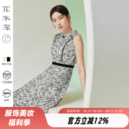 花木深新中式歐根紗連衣裙女春夏新款無(wú)袖肌理感高腰修身植絨紗裙 純黑 M