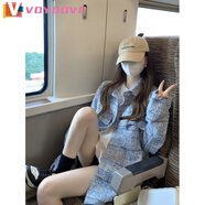 VOYDOVE小香風(fēng)藍(lán)色格子襯衫外套女春秋季中長款寬松休閑bf風(fēng)長袖上衣襯衣 藍(lán)色小香風(fēng)【z】 M 90-105斤
