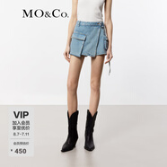 MO&Co.牛仔裙褲夏做舊雪花淺藍(lán)低腰斜裹式工裝口袋短褲摩安珂 牛仔淺藍(lán)色 S 26