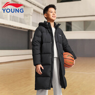 李寧童裝兒童羽絨服男童冬款中長(cháng)款蓬松防風(fēng)保暖青少年連帽羽絨外套 黑色41-2 160