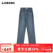 LAGOGO高腰直筒深藍(lán)牛仔褲女拉谷谷2025秋新款顯瘦長褲OCNN538D91 深牛仔藍(lán) S