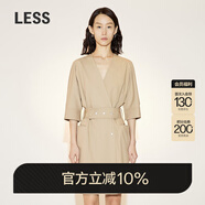 LESS夏季裙子女法式氣質V領風衣式五分袖中長腰帶連衣裙2N4G14920 285/米卡其 L