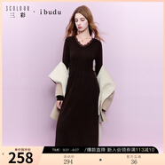 三彩2025秋季新款針織連衣裙拼接V領(lǐng)收腰A字裙女 榛果棕 S 155/80A