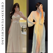 絲可蕊睡衣夏女2025新款帶胸墊可外穿薄款睡裙蕾絲吊帶性感純欲風(fēng)兩件套 奶白色（長(zhǎng)裙+杯墊+長(zhǎng)款外套） M （95斤以內(nèi)）