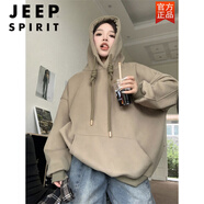 JEEP SPIRIT美式復古胖mm大碼連帽衛衣男女情侶裝加絨加厚寬松中長(cháng)款學(xué)生外套 駝色【春秋】 薄款 M 建議80-105斤