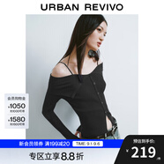 UR秋季新款女設計感翻領(lǐng)一字肩露肩修身針織衫UWJ940033 正黑 M