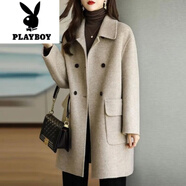 花花公子（PLAYBOY）大碼呢子大衣女秋冬季新款胖妹妹加棉加厚毛呢外套今年流行中長(zhǎng)款 杏色  M 【建議85-100斤】
