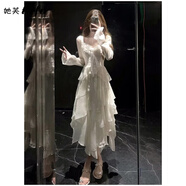 她芙（tafu）品牌女裝法式溫柔風白色雪紡連衣裙女2025春秋新款氣質不規(guī)則裙子 白色 S