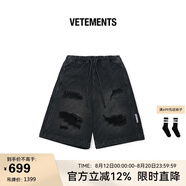 VETEMENTS夏季新款男女情侶同款滿提花工藝抽繩牛仔短褲 64367001 黑灰 M
