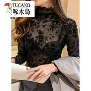 啄木鳥(niǎo)（TUCANO）半高領(lǐng)蕾絲打底衫女內搭秋裝網(wǎng)紗疊穿透視小衫植絨長(cháng)袖T恤上衣潮 黑色 M